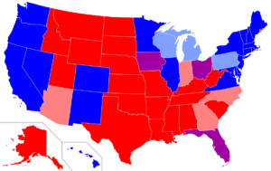 A map of the US states coloured to indicate partisan leaning