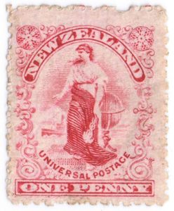 A New Zealand postage stamp, all in red ink on a white background, depicting a female personification of the nation