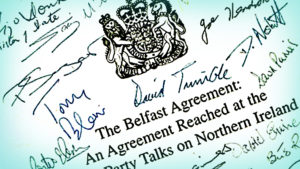 The front cover of the Good Friday agreement, signed by many of the participants
