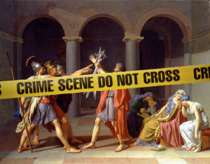 The Oath of the Horatii by J-L David with a 'crime scene do not cross' tape superimosed
